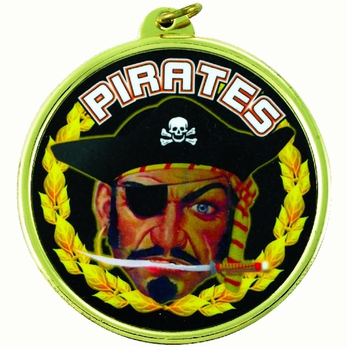 2-1/4 Inch in Diameter Round 'Pirates' Themed Sports Medal in Gold with Mylar Detailing and Customizable Back