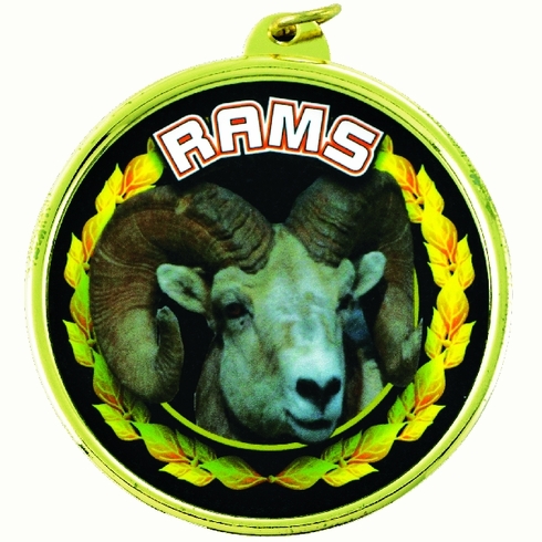 2-1/4 Inch in Diameter Round 'Rams' Mascot Gold and Mylar Sports Medal with Customizable Back