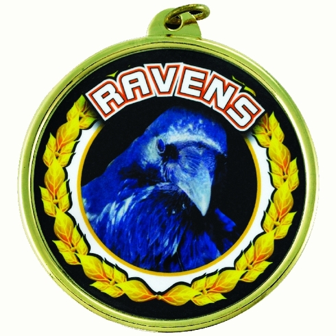 2-1/4 Inch in Diameter Round 'Ravens' Themed Gold and Mylar Medal with Customizable Back