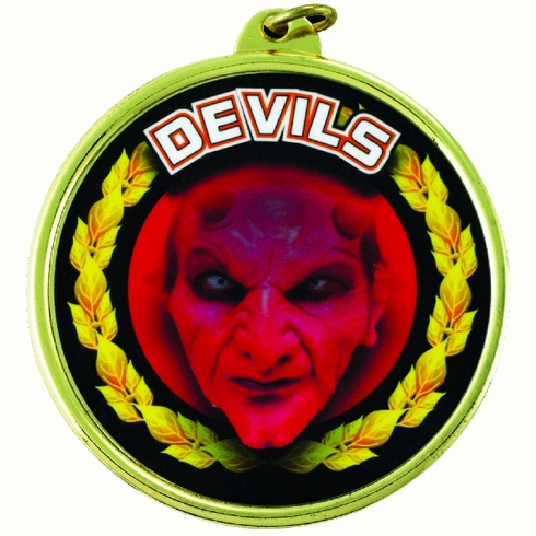 2-1/4 Inch in Diameter Round Red 'Devils' Themed Gold and Mylar Sports Medal with Customizable Back