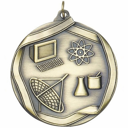 2-1/4 Inch 3D Die-Cast Science Themed Medal in Antique Brass, Silver, or Bronze