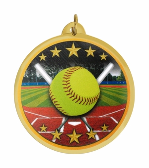 2-1/4 Inch in Diameter Round Softball Themed Sports Medal with Mylar Detailing and Customizable Back