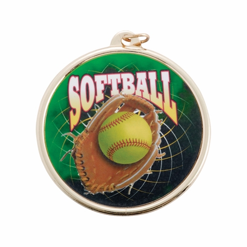 2-1/4 Inch in Diameter Round Softball Sports Medal in Gold and Mylar with Customizable Back