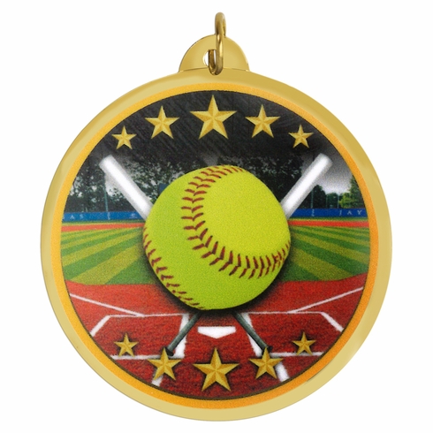 2-1/4 Inch in Diameter Round Softball Themed Sports Medal with Mylar Detailing and Customizable Back