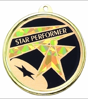2-1/4 Inch in Diameter Round Star Performer Medal with Mylar Detailing and Customizable Back