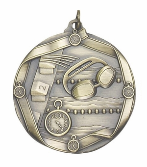 2-1/4 Inch 3D Die-Cast Swimming Themed Sports Medal in Antique Brass, Silver, or Bronze