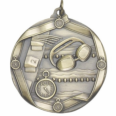 2-1/4 Inch 3D Die-Cast Swimming Themed Sports Medal in Antique Brass, Silver, or Bronze