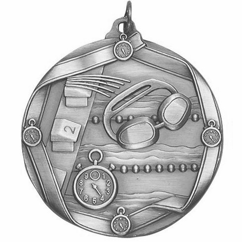 2-1/4 Inch 3D Die-Cast Swimming Themed Sports Medal in Antique Brass, Silver, or Bronze