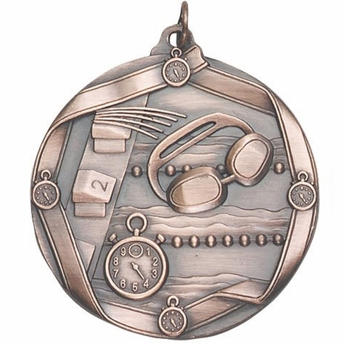 2-1/4 Inch 3D Die-Cast Swimming Themed Sports Medal in Antique Brass, Silver, or Bronze