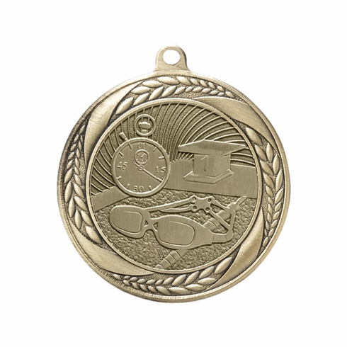 2-1/4 Inch Swimming Medal in Antique Gold, Silver, or Bronze with Insert