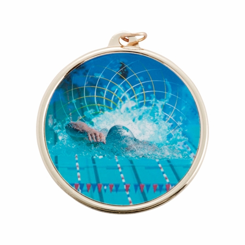 2-1/4 Inch in Diameter Round Swimming Sports Medal in Gold and Mylar with Customizable Back