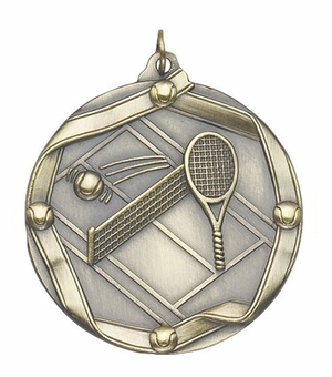 2-1/4 Inch 3D Die-Cast Tennis Themed Medal in Antique Brass, Silver, or Bronze