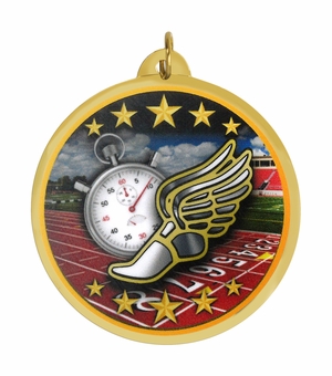 2-1/4 Inch in Diameter Round General Track Medal with Multicolored Mylar Front and Customizable Back