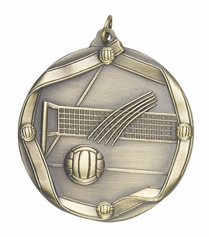 2-1/4 Inch 3D Die-Cast Volleyball Medal in Antique Brass, Silver, or Bronze