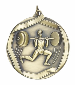 2-1/4 Inch 3D Die-Cast Weightlifting Medal in Antique Brass, Silver, or Bronze