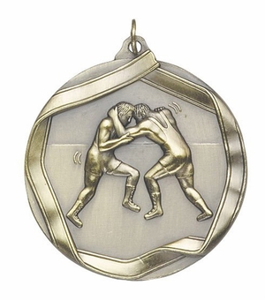 2-1/4 Inch 3D Die-Cast Wrestling Medal in Antique Brass, Silver, or Bronze