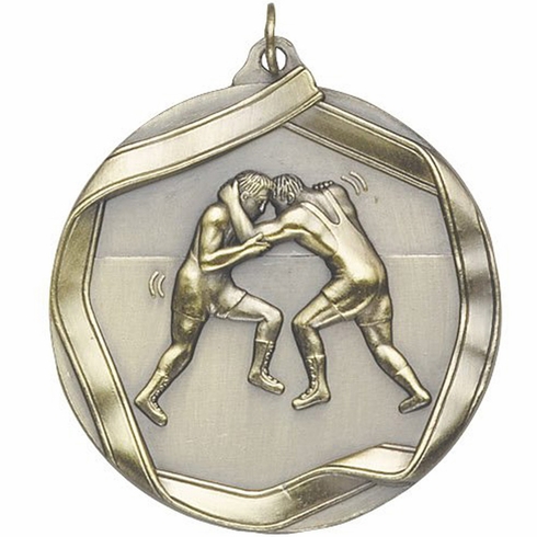 2-1/4 Inch 3D Die-Cast Wrestling Medal in Antique Brass, Silver, or Bronze
