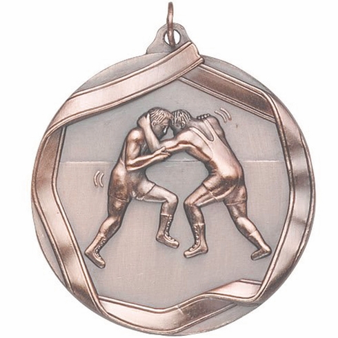 2-1/4 Inch 3D Die-Cast Wrestling Medal in Antique Brass, Silver, or Bronze