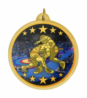 2-1/4 Inch in Diameter Round Mylar Detailed Wrestling Medal with Customizable Back