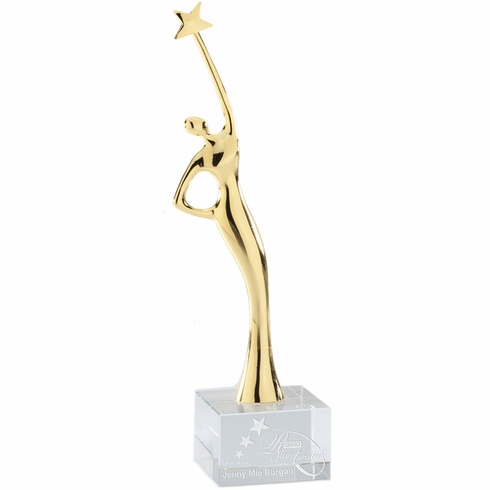 2-1/4 x 9-1/2 MODERN FEMALE ACHIEVEMENT STAR FIGURE TROPHY POLISHED GOLD FINISH
