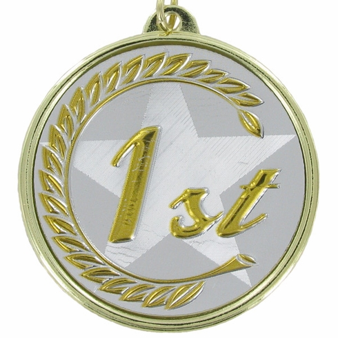 2-1/8 Inch in Diameter Round Gold 'First Place' Medal with Mylar Detailing and Customizable Back