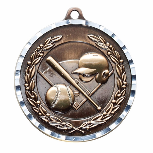 2-3/4 Inch 3-D Baseball Medal in Antique Brass, Pewter or Bronze Finish