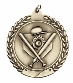 2-3/4 Inch Baseball Medal 3- Dimensional Die Cast Satin in Antique Brass, Pewter or Bronze Finish