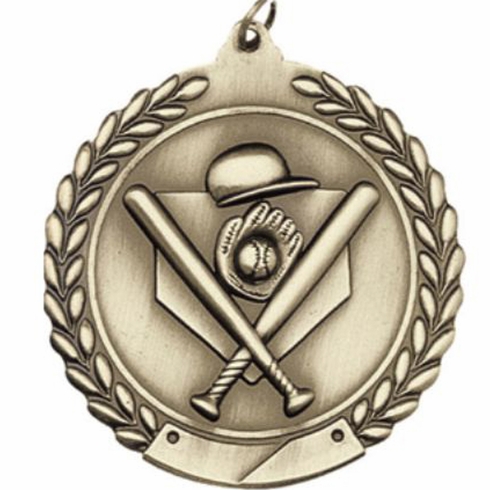 2-3/4 Inch Baseball Medal 3- Dimensional Die Cast Satin in Antique Brass, Pewter or Bronze Finish