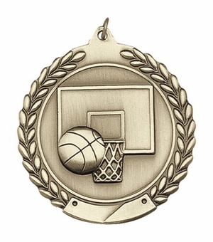 2-3/4 Inch Basketball Medal 3- Dimensional Die Cast Satin in Antique Brass, Pewter or Bronze Finish