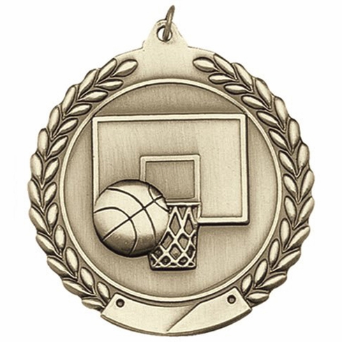 2-3/4 Inch Basketball Medal 3- Dimensional Die Cast Satin in Antique Brass, Pewter or Bronze Finish