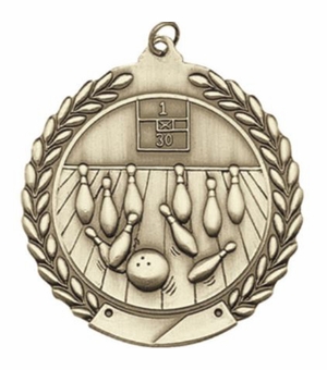 2-3/4 Inch Bowling Medal 3- Dimensional Die Cast Satin in Antique Brass, Pewter or Bronze Finish