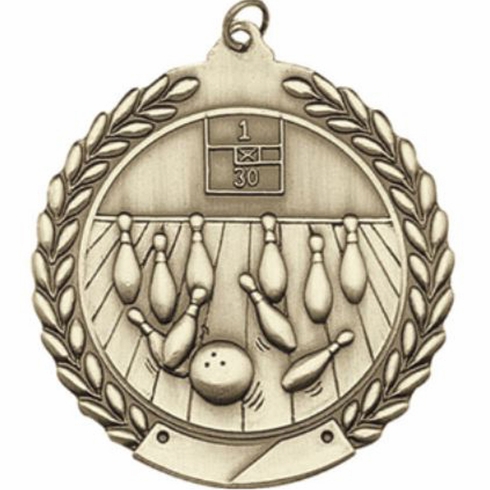 2-3/4 Inch Bowling Medal 3- Dimensional Die Cast Satin in Antique Brass, Pewter or Bronze Finish