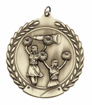 2-3/4 Inch Cheerleading Medal 3- Dimensional Die Cast Satin in Antique Brass, Pewter or Bronze Finish