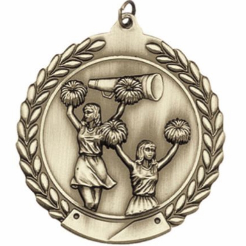 2-3/4 Inch Cheerleading Medal 3- Dimensional Die Cast Satin in Antique Brass, Pewter or Bronze Finish