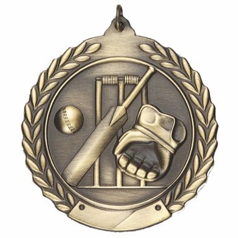 2-3/4 Inch Cricket Medal 3- Dimensional Die Cast Satin in Antique Brass, Pewter or Bronze Finish