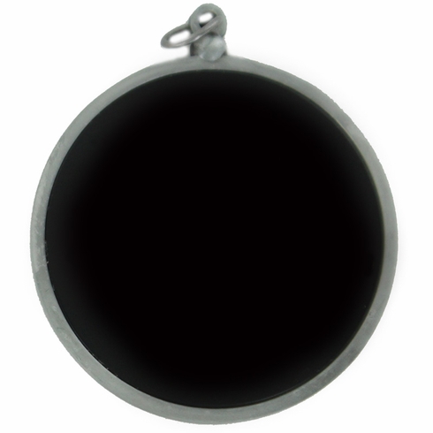 2-3/4 INCH DIE CAST TWO SIDED SILVER MEDAL WITH 2 INCH RECESSED BLACK DISCS BOTH SIDES