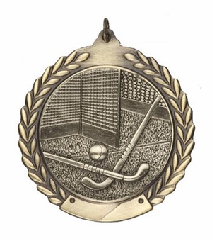 2-3/4 Inch Field Hockey Medal 3- Dimensional Die Cast Satin in Antique Brass, Pewter or Bronze Finish