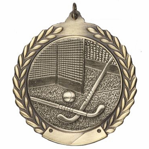 2-3/4 Inch Field Hockey Medal 3- Dimensional Die Cast Satin in Antique Brass, Pewter or Bronze Finish