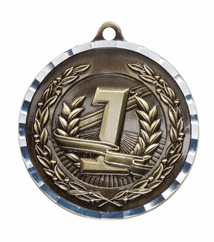 2-3/4 Inch First Place Medal 3- Dimensional Diamond Engraved Cast Satin in Antique Brass Finish
