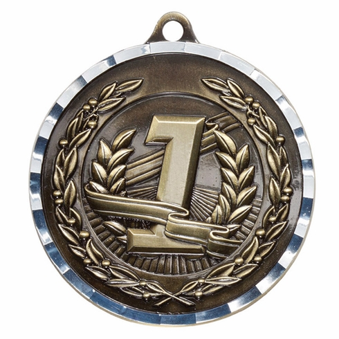 2-3/4 Inch First Place Medal 3- Dimensional Diamond Engraved Cast Satin in Antique Brass Finish