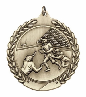 2-3/4 Inch Football Medal 3- Dimensional Die Cast Satin in Antique Brass, Pewter or Bronze Finish