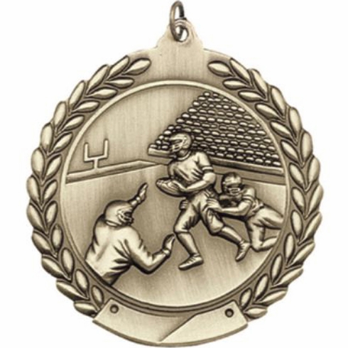 2-3/4 Inch Football Medal 3- Dimensional Die Cast Satin in Antique Brass, Pewter or Bronze Finish