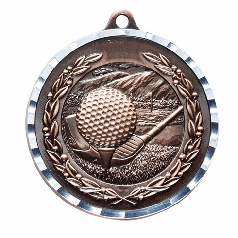 2-3/4 Inch 3-D Golf Medal in Antique Brass, Pewter or Bronze Finish