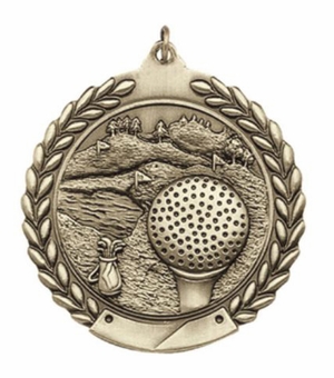 2-3/4 Inch Golf Medal 3- Dimensional Die Cast Satin in Antique Brass, Pewter or Bronze Finish