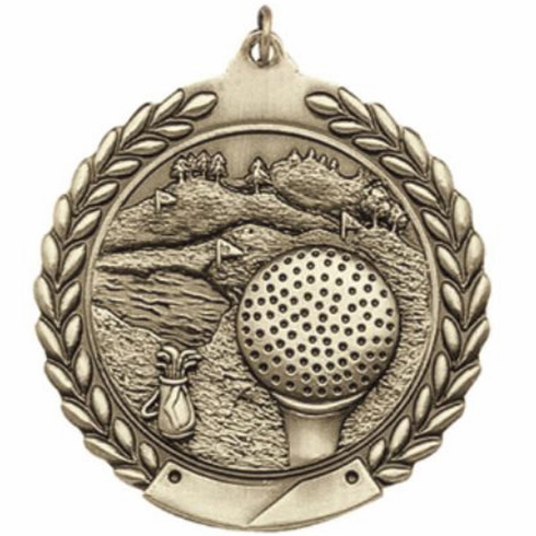 2-3/4 Inch Golf Medal 3- Dimensional Die Cast Satin in Antique Brass, Pewter or Bronze Finish