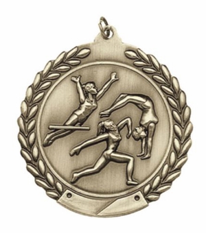 2-3/4 Inch Gymnastics Medal 3- Dimensional Die Cast Satin in Antique Brass, Pewter or Bronze Finish