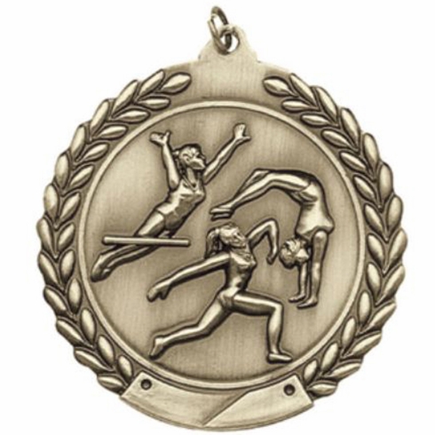 2-3/4 Inch Gymnastics Medal 3- Dimensional Die Cast Satin in Antique Brass, Pewter or Bronze Finish