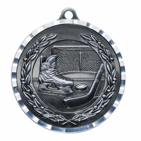 2-3/4 Inch 3-D Hockey Medal in Antique Brass, Pewter or Bronze Finish
