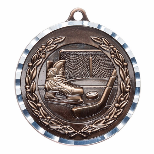 2-3/4 Inch 3-D Hockey Medal in Antique Brass, Pewter or Bronze Finish