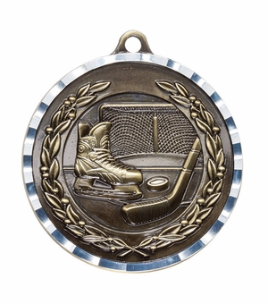 2-3/4 Inch 3-D Hockey Medal in Antique Brass, Pewter or Bronze Finish
